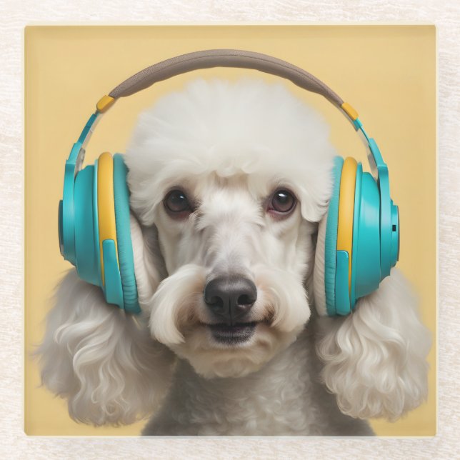Poodle mit Kopfhörer Glasuntersetzer (Vorderseite)