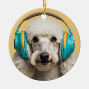 Poodle mit Kopfhörer Keramik Ornament