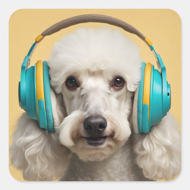 Poodle mit Kopfhörer Quadratischer Aufkleber (Vorderseite)