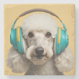 Poodle mit Kopfhörer Steinuntersetzer