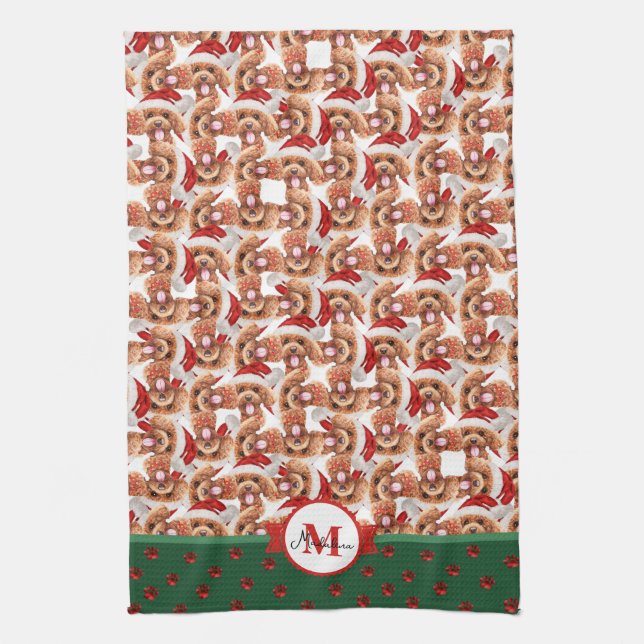 Poodle Pattern Monogram Christmas Dog Geschirrtuch (Vertikal)