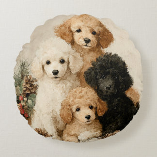 Poodle Puppies Vintage Christmas Rundes Kissen