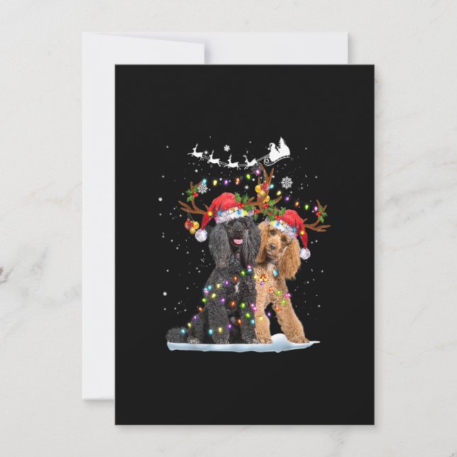 Poodle Rentier Weihnachtsmannmütze Xmas Lights Wei Einladung (Vorderseite)