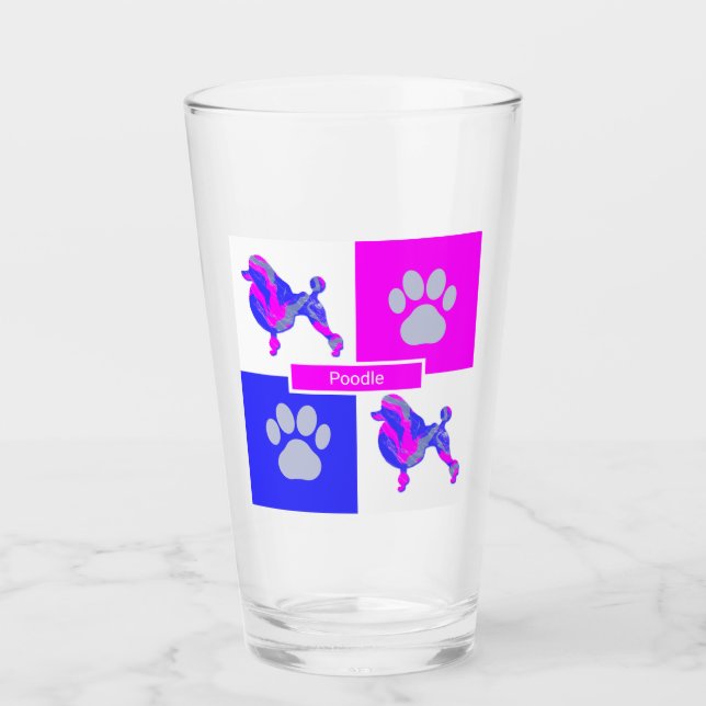 Poodle Silhouette Dog & Paw Pink und Blue Square Glas (Vorderseite)