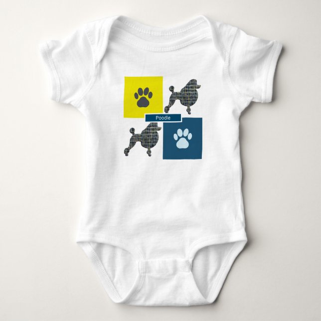 Poodle Silhouette Hund & Paw Gelb & Blau Grid Baby Strampler (Vorderseite)