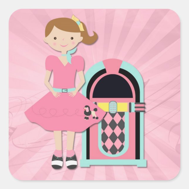 Poodle Skirt Girl, Jukebox Quadratischer Aufkleber (Vorderseite)