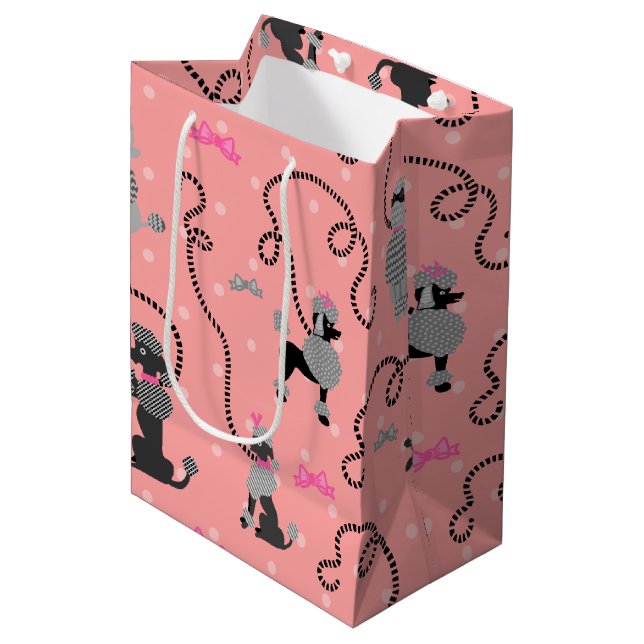 Poodle Skirt Retro Pink and Black 50s Pattern Mittlere Geschenktüte (Vorderseite Schrägansicht)