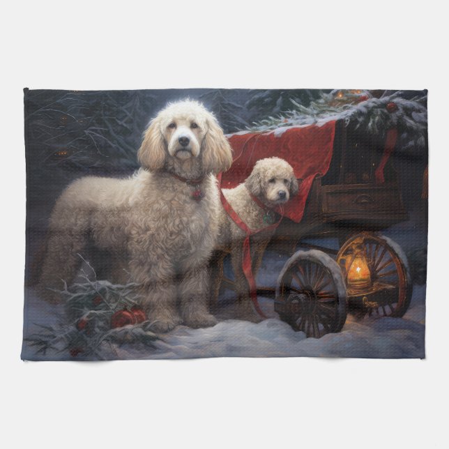 Poodle Snowy Sleigh Weihnachtsdekor Geschirrtuch (Horizontal)