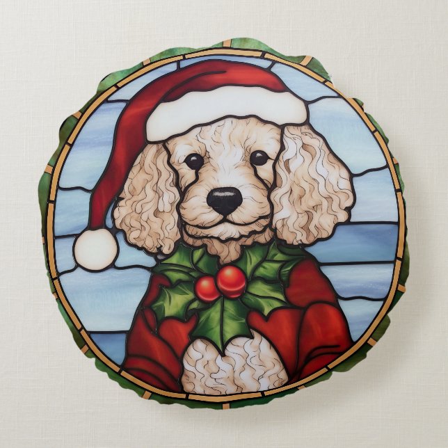 Poodle Stains Glass Weihnachten Rundes Kissen (Rückseite)