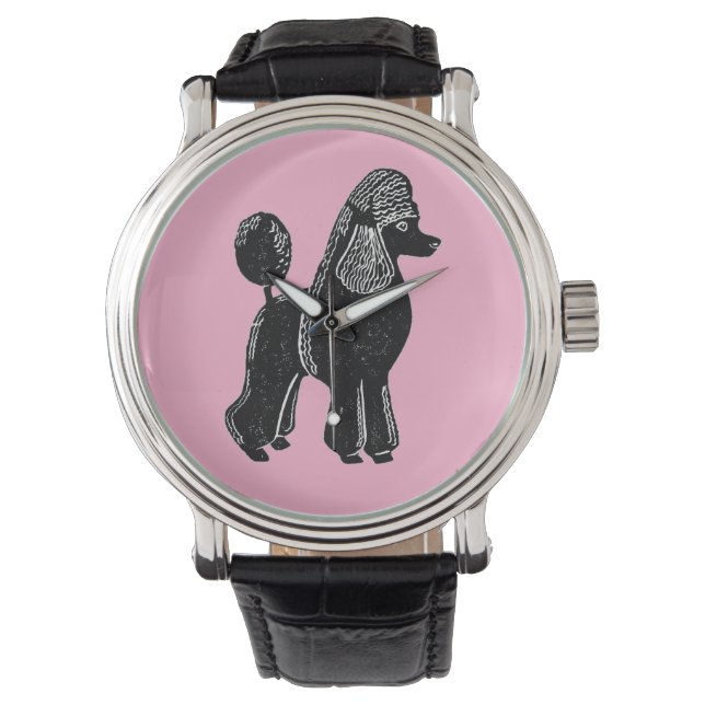Poodle standard noir avec montre rose (devant)