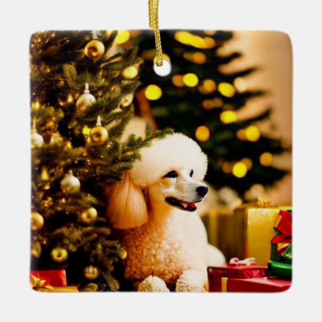 Poodle unter Weihnachtsbaum Keramikornament (Vorderseite)