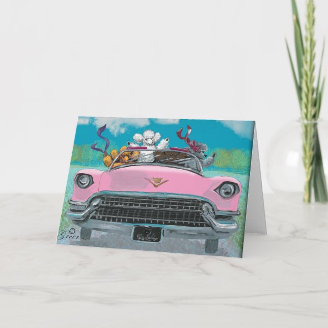 Poodles in rosa Cadillac Retro Print Card Karte (Vorderseite)