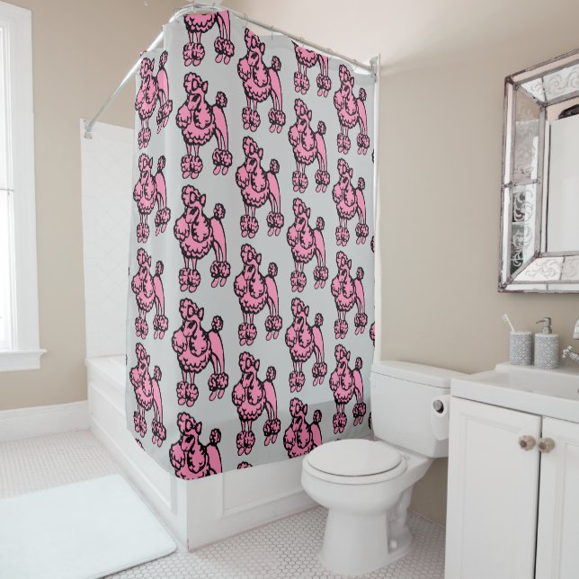 Poodles roses Salle de bain Douche rideau (En situation)