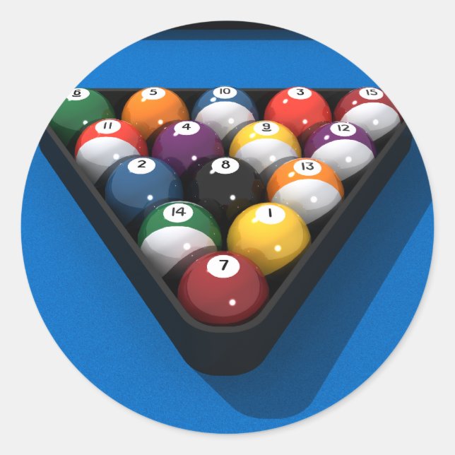 Pool-Bälle auf blauem Filz: Runder Aufkleber (Vorderseite)