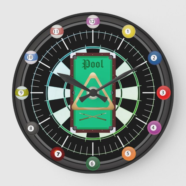 Pool (Billard) 12-Ball-Uhr Große Wanduhr (Vorderseite)