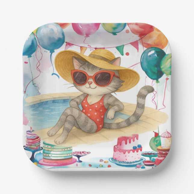 Pool Birthday Party for Cat Lovers  Pappteller (Vorderseite)
