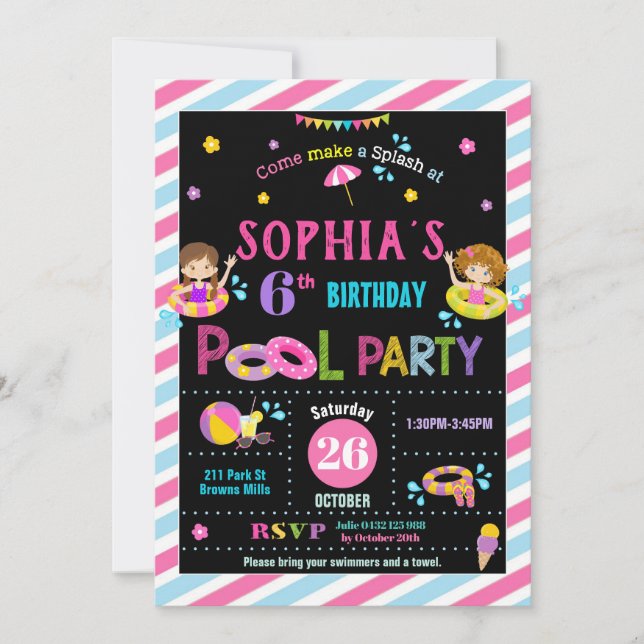 Pool Birthday Party Girl Summer Beach Swim Einladung (Vorderseite)