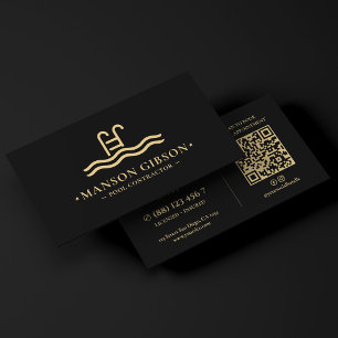 Pool Contractor Logo Schwarz Modern QR Code Visitenkarte