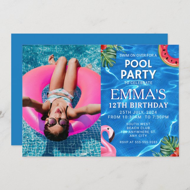 Pool Foto Geburtstagsparty Einladung (Vorne/Hinten)