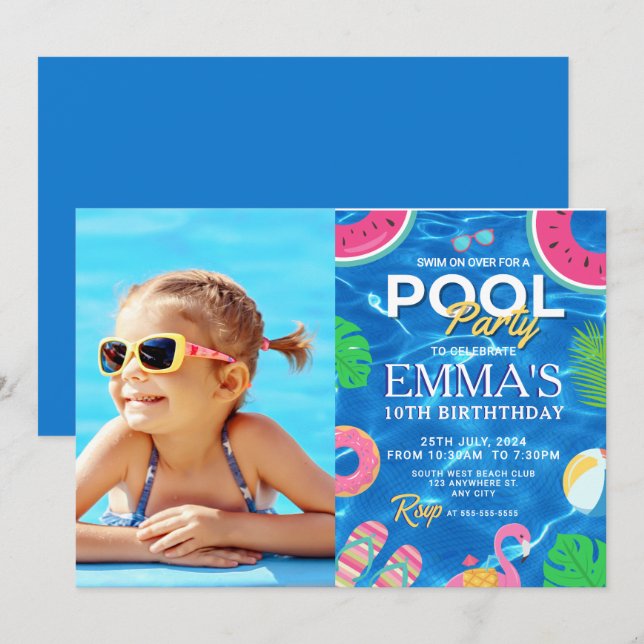 Pool Foto Geburtstagsparty Einladung (Vorne/Hinten)