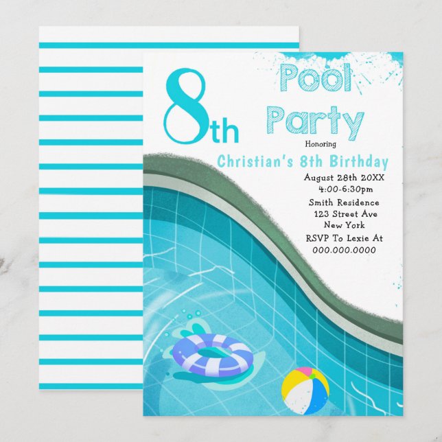 Pool Party 8. Geburtstagsparty Einladungen (Vorne/Hinten)