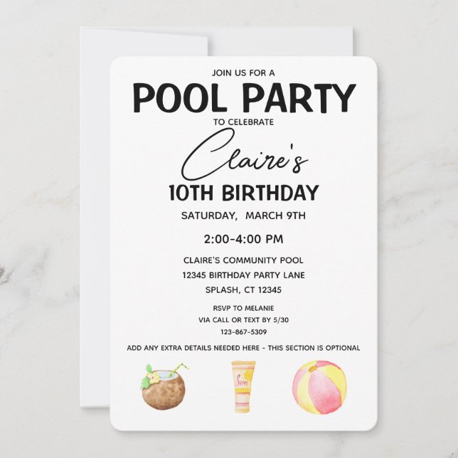 Pool Party Anniversaire Fille Fête Invitation (Devant)