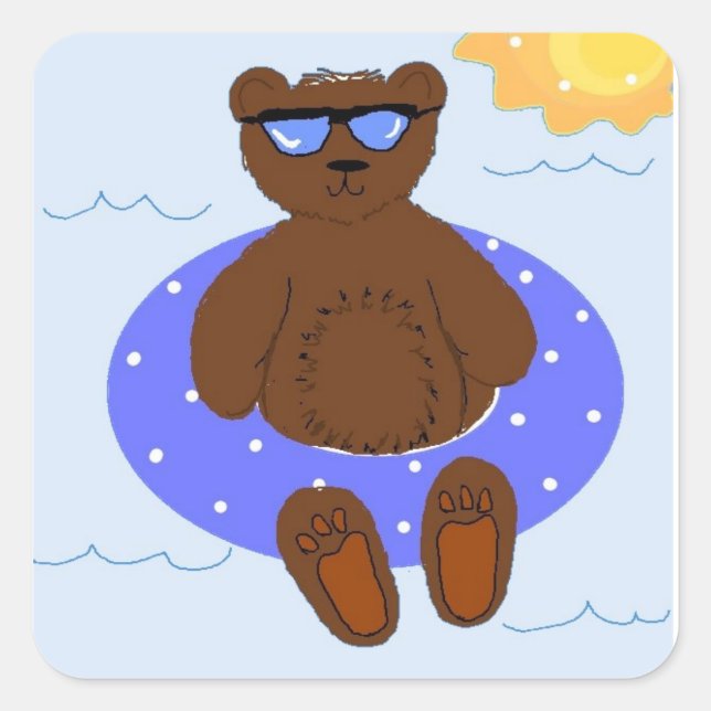 Pool Party Bear Quadratischer Aufkleber (Vorderseite)