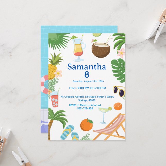Pool Party Birthday Invitation - Summer Theme (Devant/Arrière en situation)