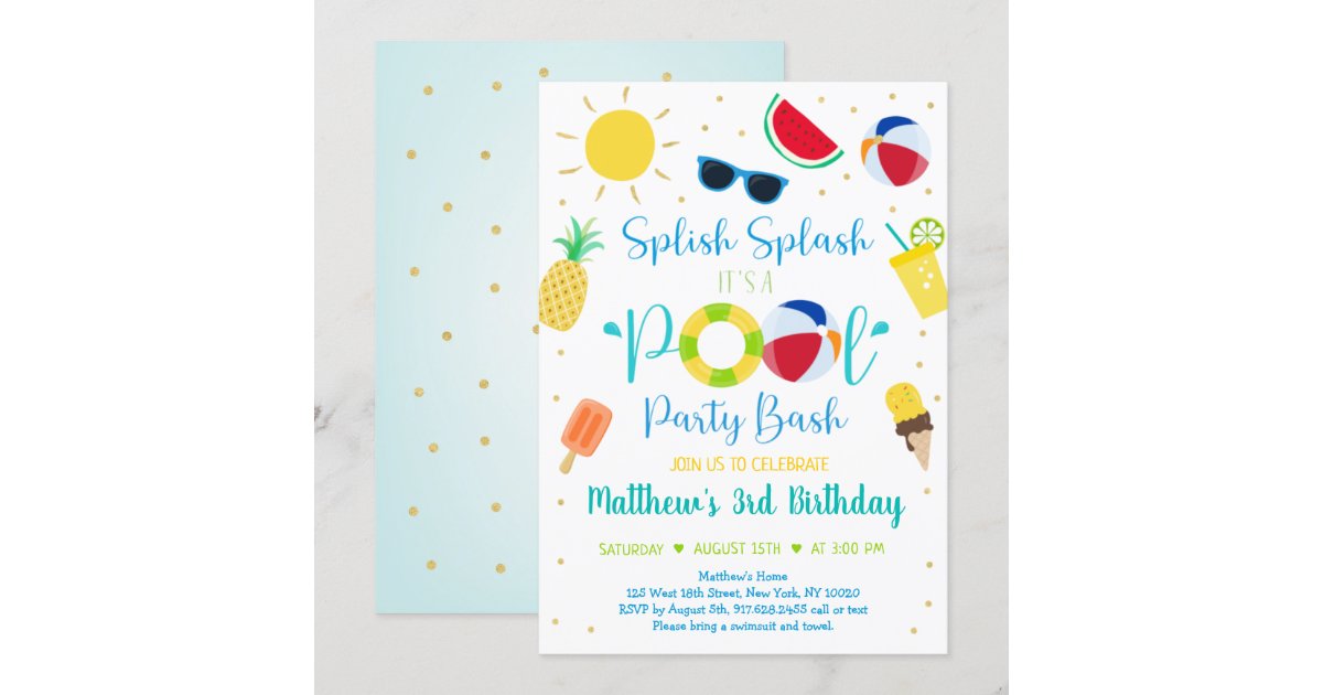 Pool Party Blue Gold Boy Invitation Anniversaire Zazzle Ch