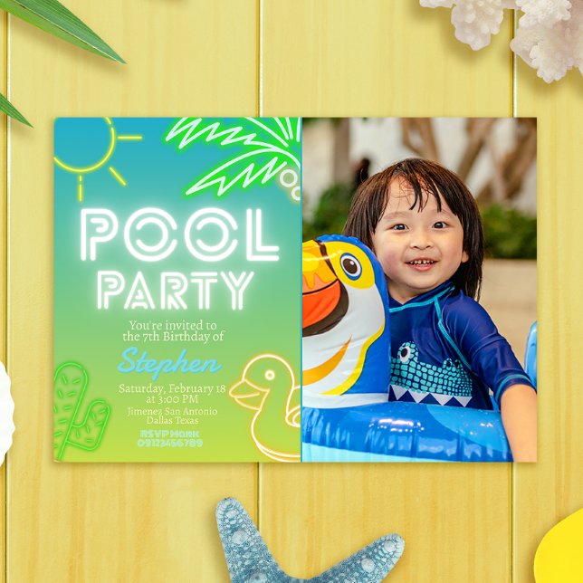 Pool Party Boy Anniversaire avec invitation photo (Pool Party Boy Birthday with Photo Picture Landscape Invitation)