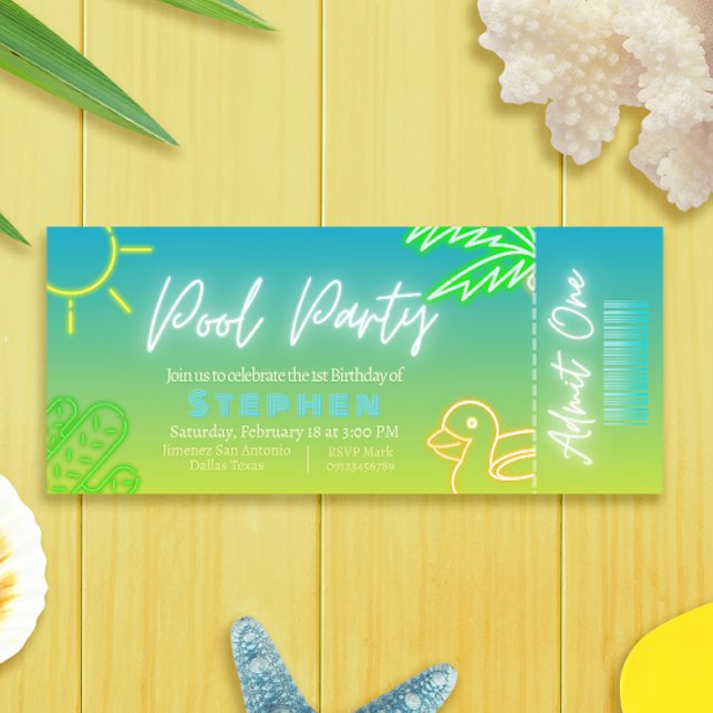 Pool Party Boy Birthday Ticket Einladung (Pool Party Boy Birthday Ticket Invitation)