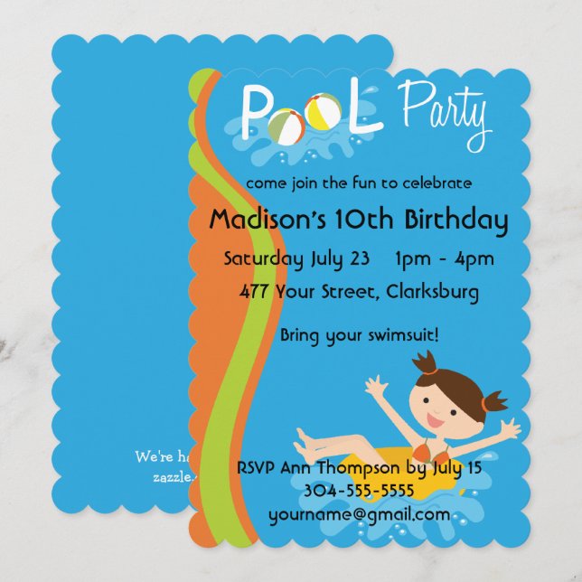 Pool Party Brünett Einladung (Vorne/Hinten)