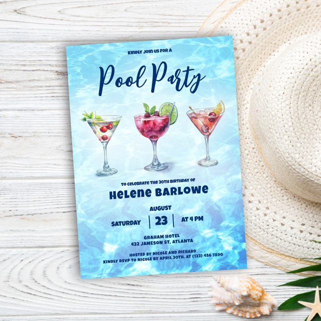 Pool Party Cocktail Sommer Geburtstag Einladung (Pool Party Cocktail Summer Birthday Invitation)