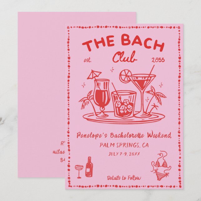 Pool Party Cute Cocktail Bachelorette Invitation (Devant / Derrière)