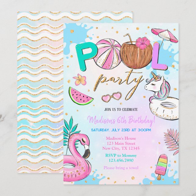 Pool Party Einhorn Einladung (Vorne/Hinten)