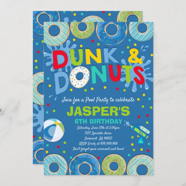 Pool-Party Einladung Dunk und Donuts Pool-Party (Vorne/Hinten)