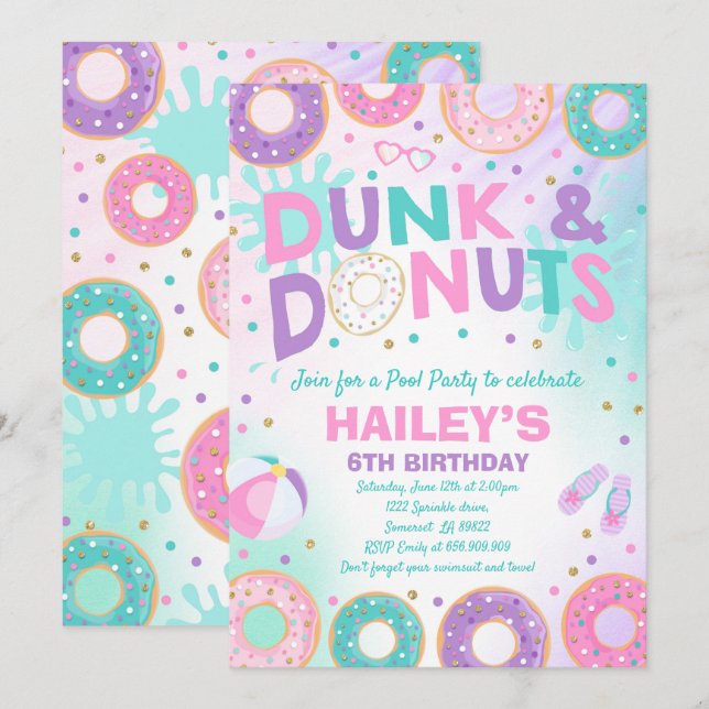 Pool-Party Einladung Dunk und Donuts Pool-Party (Vorne/Hinten)