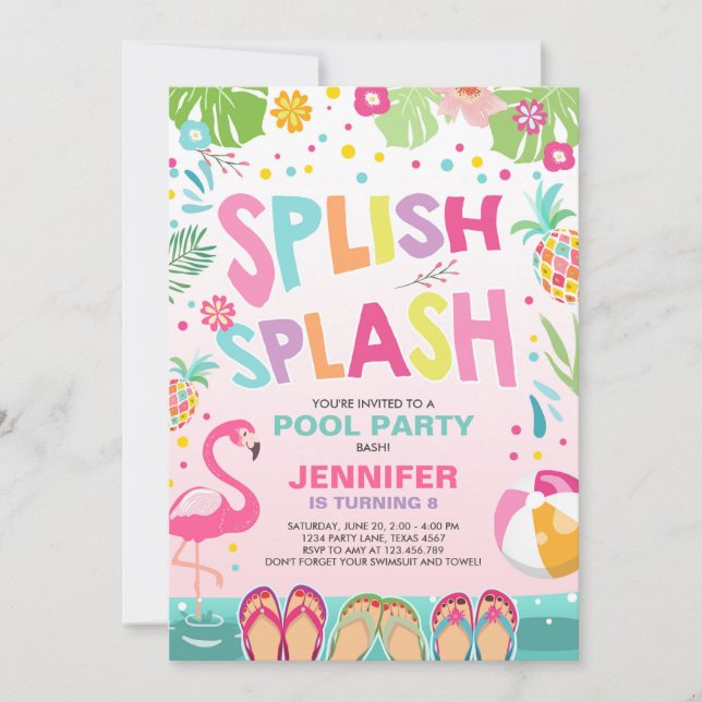 Pool-Party Einladung Flamingo-tropische Ananas (Vorderseite)
