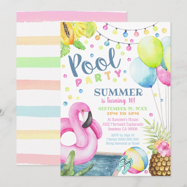 Pool Party Einladung Girl Flamingo (Vorne/Hinten)