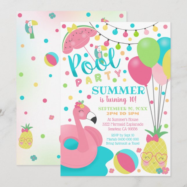 Pool Party Einladung Girl Flamingo Schwimmbad (Vorne/Hinten)
