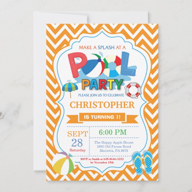 Pool Party Einladung Orange Splish Splash Boy (Vorderseite)