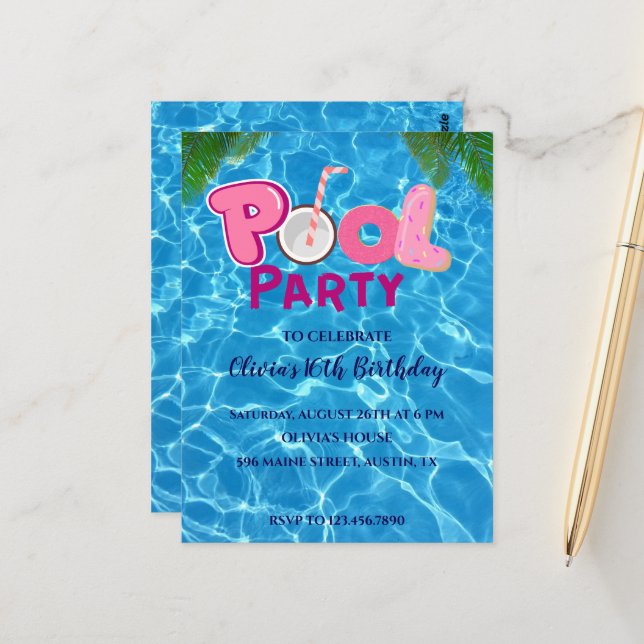 Pool-Party Einladung Postkarte (Vorderseite/Rückseite Beispiel)