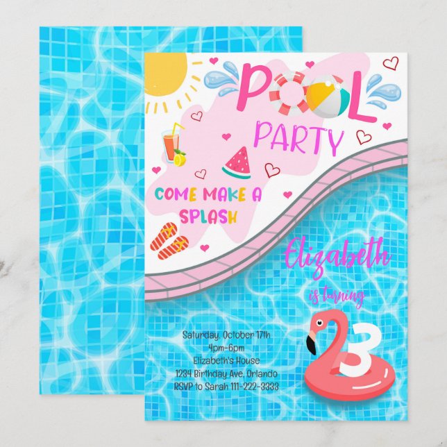 Pool Party Flamingo Geburtstag Einladung (Vorne/Hinten)