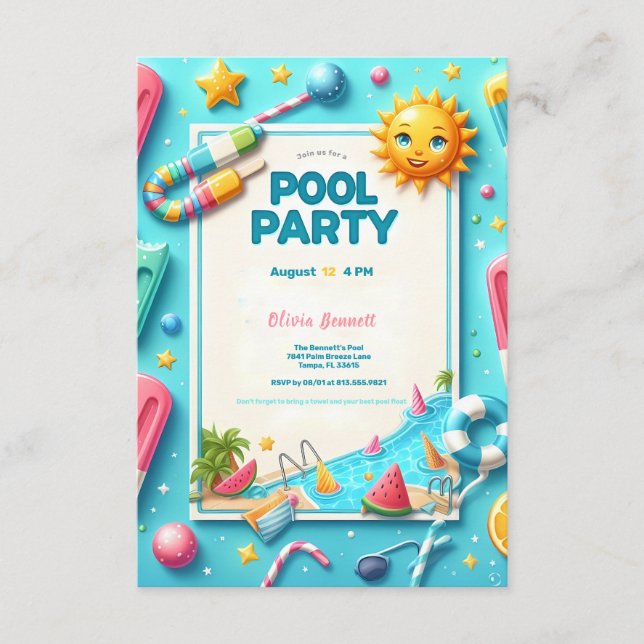 Pool Party Geburtstag 16 . Geburtstag Sommerschwim Begleitkarte (Vorderseite)
