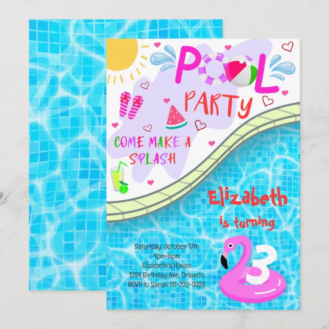 Pool Party Geburtstag Einladung (Vorne/Hinten)