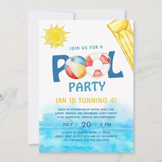 Pool Party Geburtstag Einladung Spaß Wasser Sommer (Vorderseite)