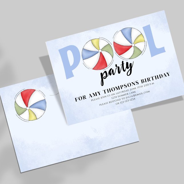 Pool Party Geburtstag Sommer Trendballs Einladung (Summer Pool Party Birthday invitation with whimsical beach balls. )