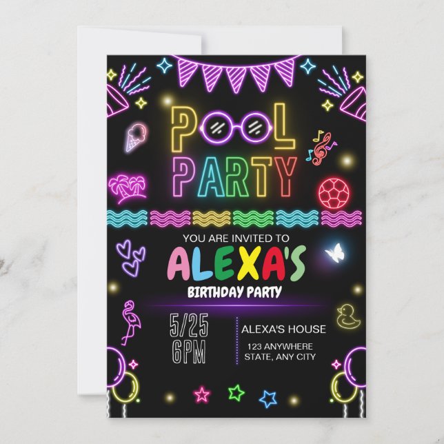 Pool Party Geburtstagseinladung, Neon Party Einladung (Vorderseite)