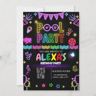 Pool Party Geburtstagseinladung, Neon Party Einladung