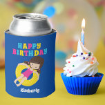 Pool Party Geburtstagskind Mädchen Custom Kids Dosenkühler<br><div class="desc">Das Party   phantastische Kinder zum Geburtstag kann im Sommer für ein brünettes Kind im Schwimmteam kühler sein. Ein heller,  lustiger Pop mit Farben und ein hübsches Schwimmmädchen in einem Schlauch. Passen Sie auf ein spezielles Gastgeschenk für Kinder auf.</div>